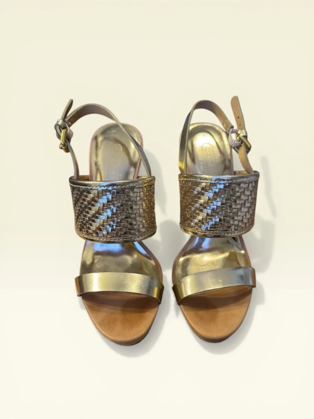 Coach Steffi Gold Open Toe Slingbag Heels - Picture 2 of 8